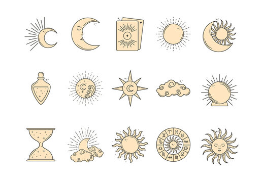 Gray and Beige Astrology Tarot Celestial Moon Star Icons Set