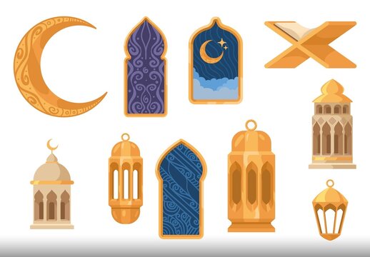 Multicolor Ramadan Islamic Lantern Moon Illustration Design Set