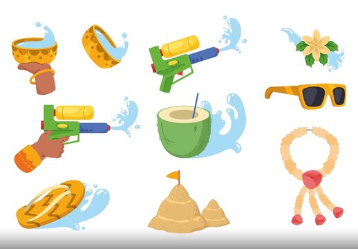 Multicolor Songkran Water Thailand Festival Illustration Set