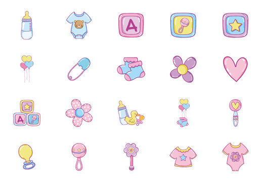 Pink And Blue Baby Shower Icons Set