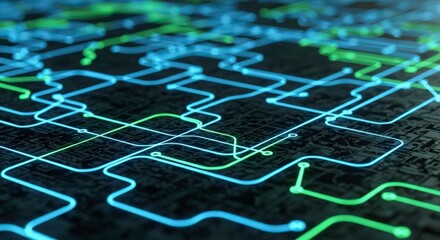 Glowing blue and green circuit board with neon-like connections