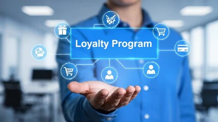 A person's hand presents a luminous blue holographic display featuring "Loyalty Program" text.