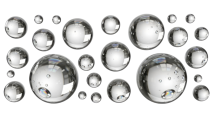 Close-up of a collection of shiny, reflective, and transparent water droplets, isolated on white.