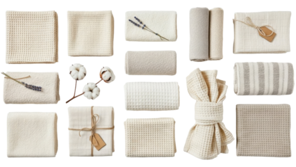 Collection of various folded and rolled beige and white towels, showcasing different textures and styles.