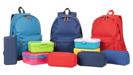 Collection of colorful backpacks, lunchboxes, and pencil cases, perfect for school supplies.