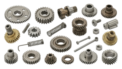Close-up shot of various metal gears and mechanical components, showcasing industrial parts.