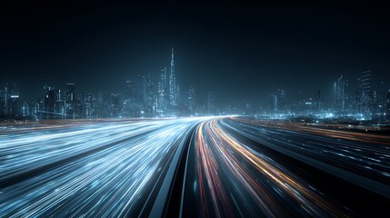 Nighttime perspective of a highway filled with vehicle light trails, leading to a modern city skyline