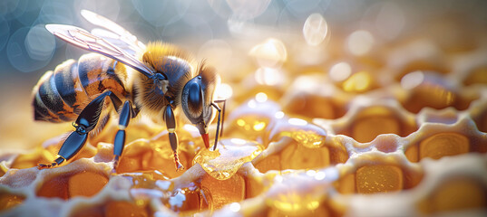 Close-up of a bee on a honeycomb, with golden honey visible in the cells. This detailed shot captures the bee's fuzzy body and intricate honeycomb texture. Perfect for honey, food, and nature themes.