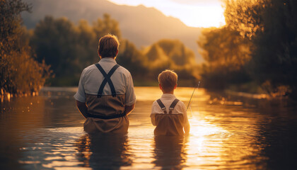 Father and blonde son wear same light colour linen shirts with suspender staying in mountain river waters in Waders and Angling using FLY FISHING RODS with lines lifted with sunset light