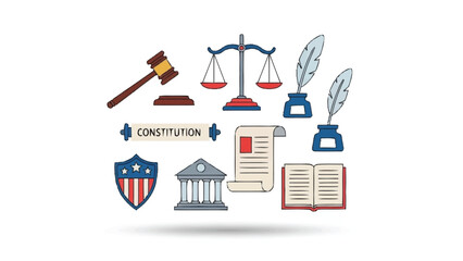 Legal and constitutional symbols with gavel scales quill and book inkwell