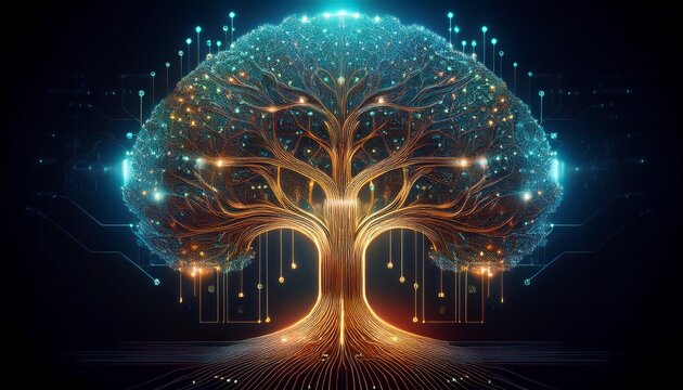 artificial intelligence visualized as a glowing tree of life made of digital circuits symbolic representation mystical and inspiring