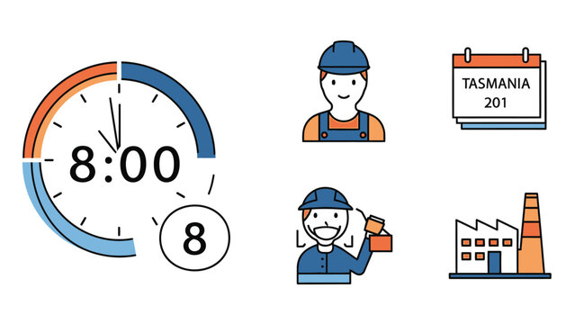 Workers clocking in at factory with time card and building 8:00