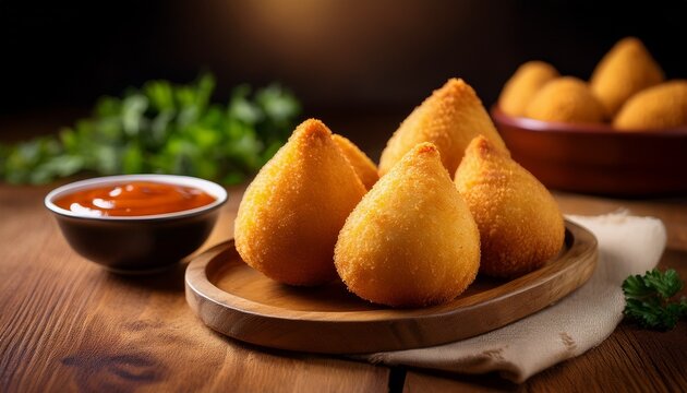 coxinha snacks on a rustic table with dipping sauce appetizing golden crust shallow depth of field studio food photography