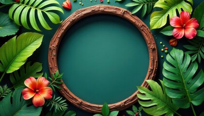 Empty circular wood frame, vibrant tropical foliage backdrop, summer, foliage, greenery