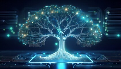 glowing neural circuit tree on futuristic processor advanced artificial intelligence technology concept