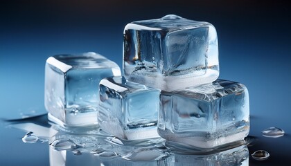 Stacked Clear Ice Cubes Partially Melting