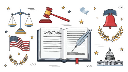 Open book with We the People text surrounded by legal and government symbols 1