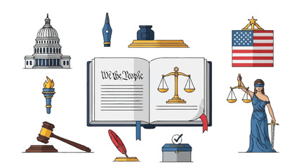 Open book with We the People text surrounded by legal and government symbols