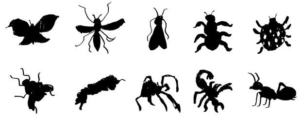 Vector set of 10 hand-drawn naive style insect silhouettes: butterfly, ant, spider, scorpion, and bugs © Parakhat