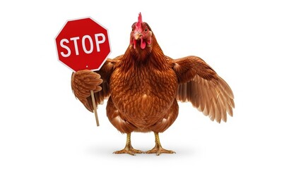 chicken holding a red stop sign, road sign, solid white background