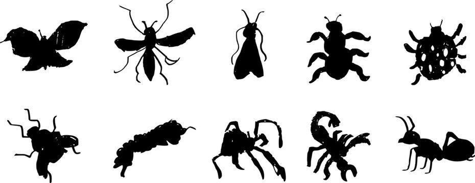 Vector set of 10 hand-drawn naive style insect silhouettes: butterfly, ant, spider, scorpion, and bugs