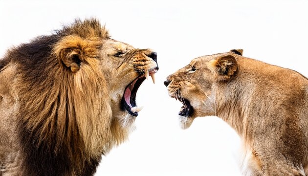 lion and lioness roaring at each other isolated on a white background close up