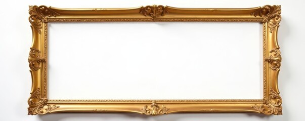 Empty ornate gold photo frame on white background, decor, wedding