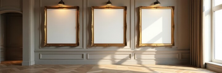 Empty ornate wooden frames on modern wall, luxury room, interior, natural light, living room