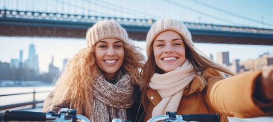 Two diverse women in early 30s joyfully taking selfie near iconic bridge symbolizing friendship and adventure. Dressed winter attire one holds bike handlebars. Natural daylight clear sky, urban vibe
