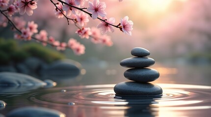 A stack of smooth gray stones balances on calm water (rippling gently around it), while pink blossom branches (lit by soft sunset light) arch above. 