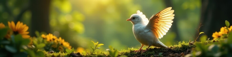 Feathery wings, posing amidst foliage, idyllic scene, texture, calm, tranquility