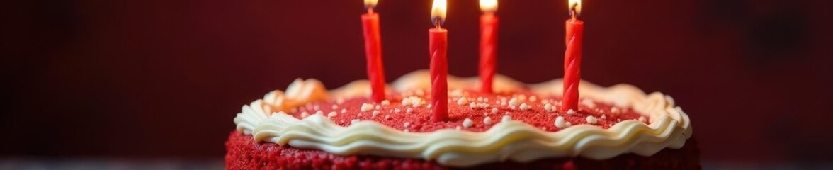 Festive red velvet cake, five lit candles, creamy frosting , occasion, red frosting