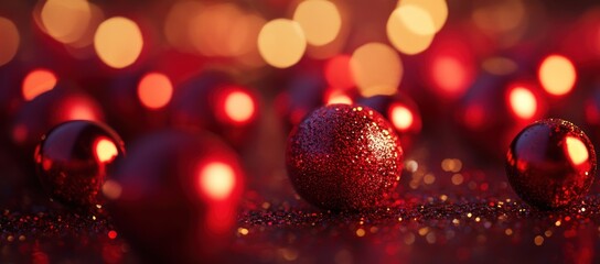 Reflective crimson holiday ornaments on sparkling granular surface with golden bokeh