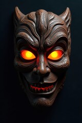 Fiery orange eyes pierce the darkness of a carved wooden mask , fiery eyes, mysterious