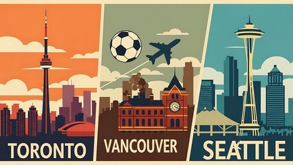 Obraz premium Vintage Travel Poster Cities Vector - Toronto Vancouver Seattle Skyline World Cup 2026 Retro Tourism Flat Color Football Illustration