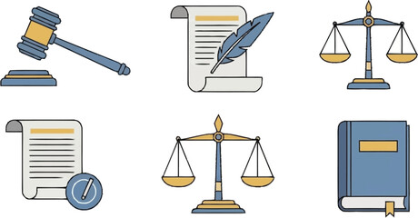 Blue and yellow legal including gavel, quill, scales, and book document