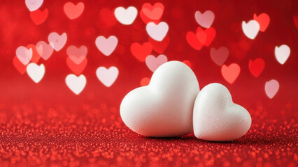 Two white heart-shaped objects on a red glittery surface with heart-shaped bokeh background.