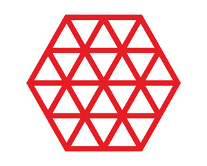 A red geometric hexagon symbol with a triangular lattice pattern on a white background