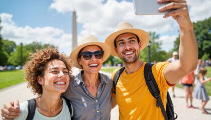 Group of friends taking selfie at national monument with summer outfits, tourists enjoying sunny day outdoors capturing memories. Friends capturing joyful moment in front of landmark.