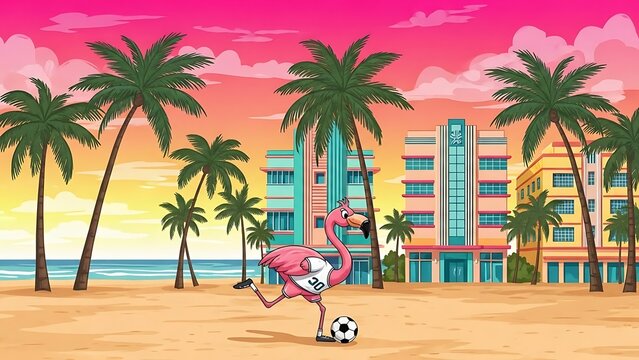 Miami Flamingo Soccer Vector - Beach Palm Trees Art Deco World Cup 2026 Host City Whimsical Pink Sunset Florida Illustration