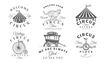 Circus logo set features striped tents, trained tiger, circus wagon, retro bicycle and unicycle. Vintage carnival branding or festival decoration. Vector illustration