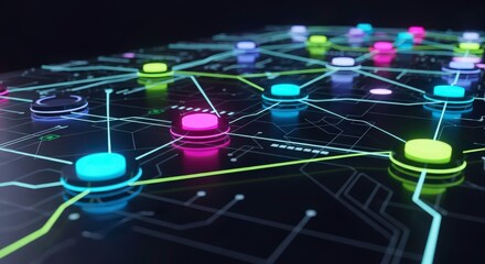 Vibrant neon circuit board with glowing connections and nodes