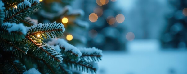 Frosted pine garland, twinkling lights, blurred blue backdrop , pine, decoration