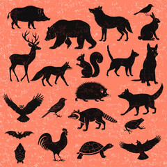 Collection of various wild animals in black silhouette on orange background