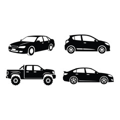 Fototapeta premium Silhouettes of various vehicles including cars a pickup truck and hatchback