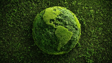Earth globe made of vibrant green foliage, showcasing continents on a lush, natural background