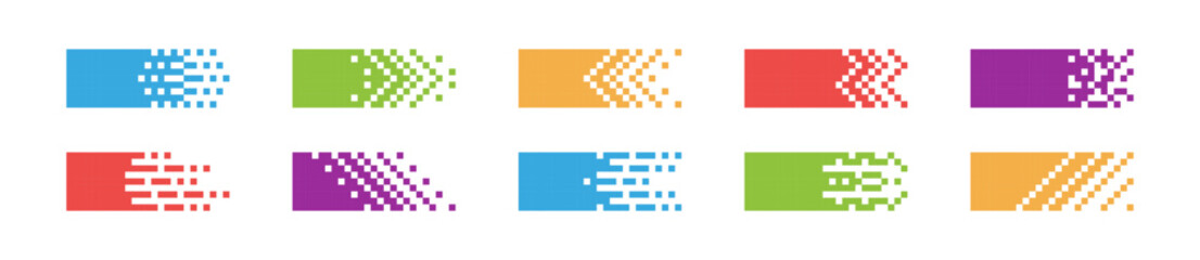 Pixel rectangle header. Pixel gradient title set. Horizontal stripe geometric mosaic banner. Abstract game digital pattern. Web color title shape. Vector illustration isolated on white background.