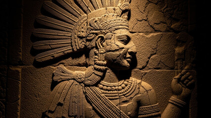 Ancient carved stone relief of a Native American figure in profile.