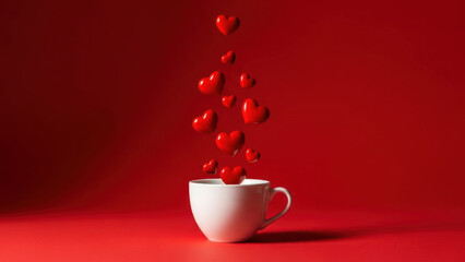 White cup with floating red hearts against a red background.