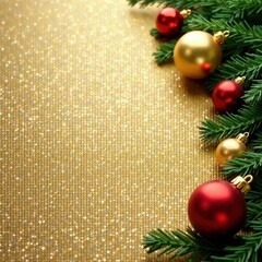 Golden ornaments & fir branches on sparkling glitter backdrop, backdrop, fir